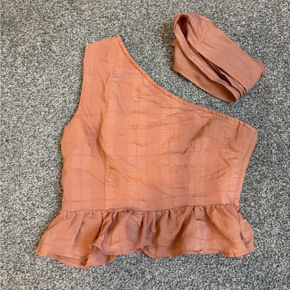 One-Shoulder Ruffled Top with Neck Scarf